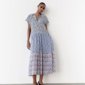 Zara Patchwork Midi Dress - Caftan - Ecru/Blue